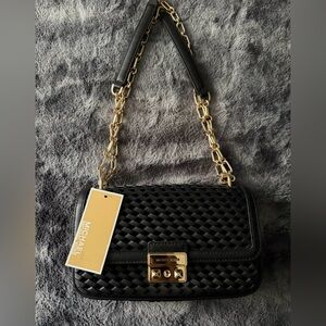 Michael Kors Black Woven Leather Crossbody with Gold Hardware